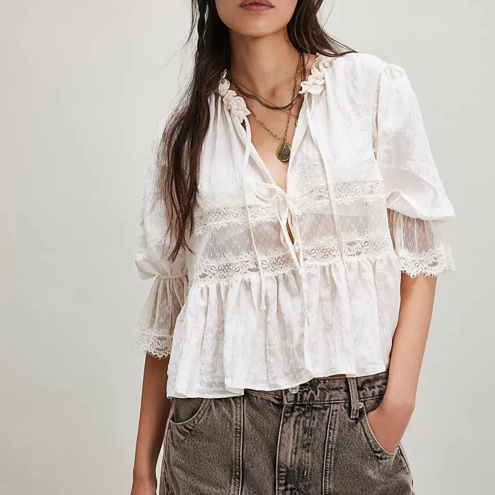 Free People Ivory Lace Peplum Button Blouse